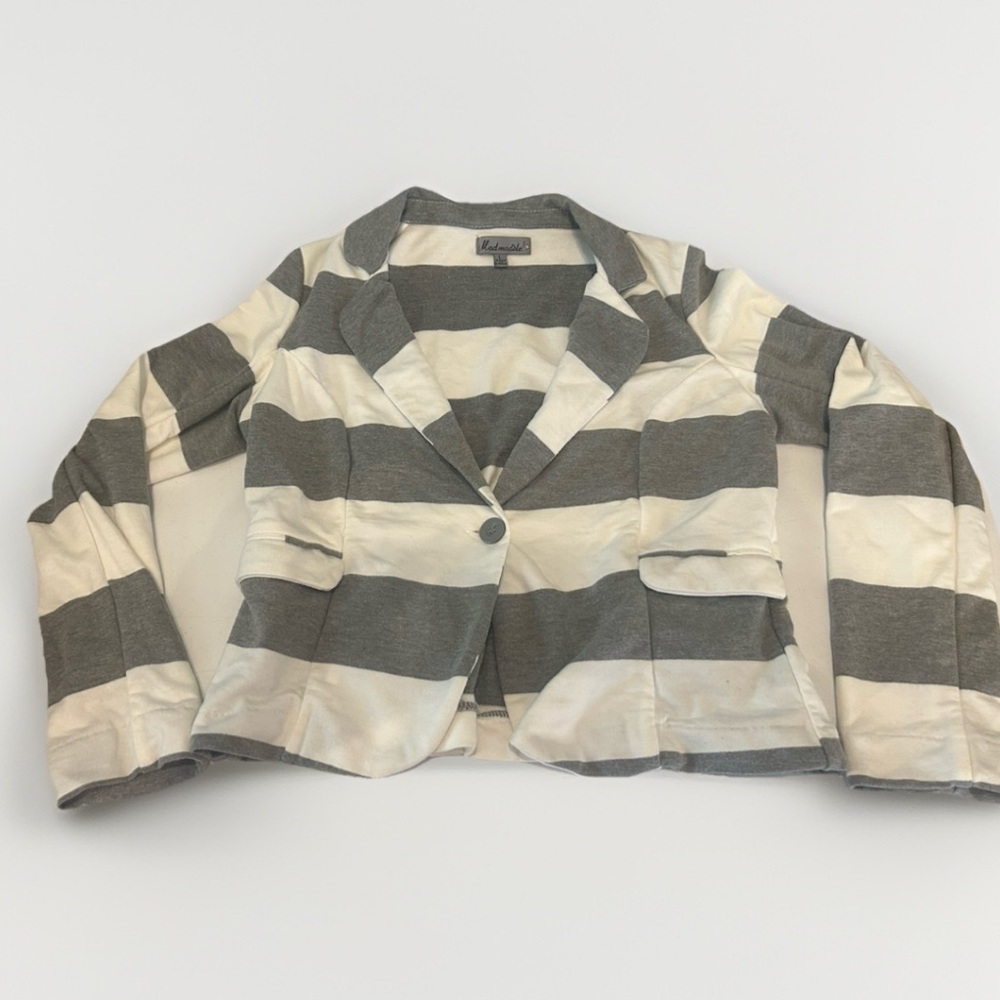 MadModele‎ VINTAGE 2000s Women's Grey and White Striped Blazer Cardigan Size L